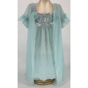 Vintage Aqua Blue Peignoir Set Sheer Robe Babydoll Nightgown Floral Women's 34